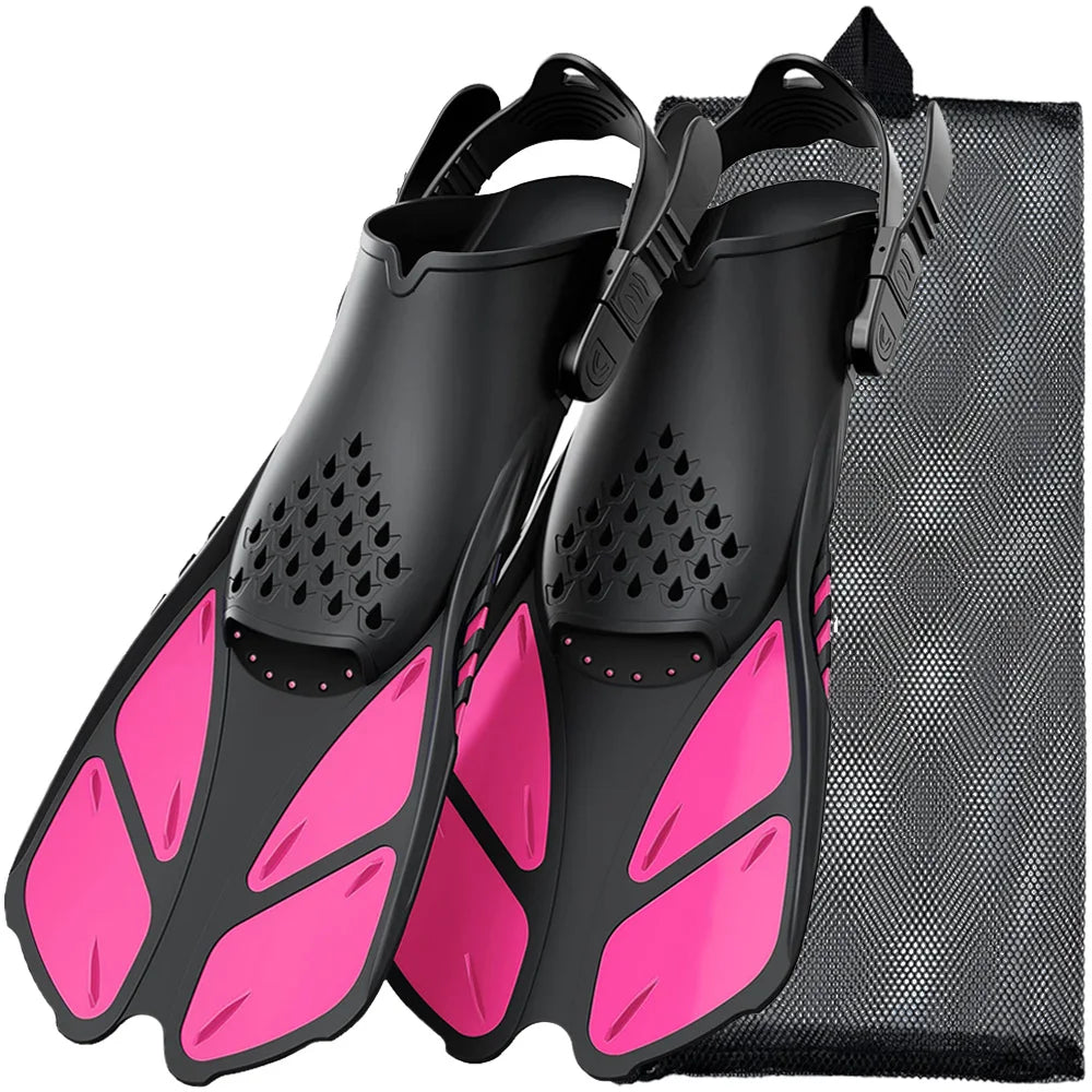 Short Travel-Size Snorkel Fins – Adjustable Open Heel Swimming Flippers for Men & Women