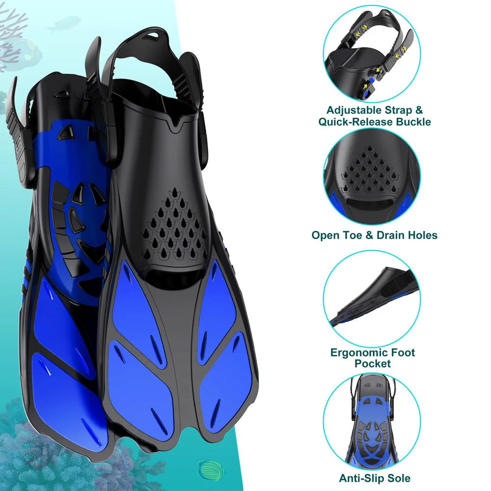 Short Travel-Size Snorkel Fins – Adjustable Open Heel Swimming Flippers for Men & Women