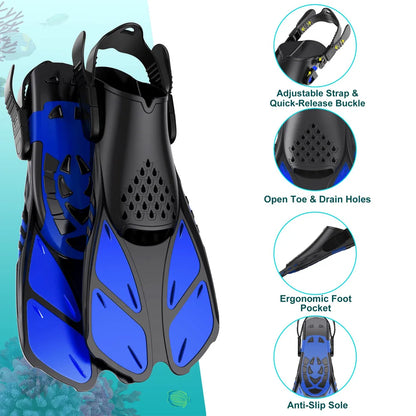 Short Travel-Size Snorkel Fins – Adjustable Open Heel Swimming Flippers for Men & Women