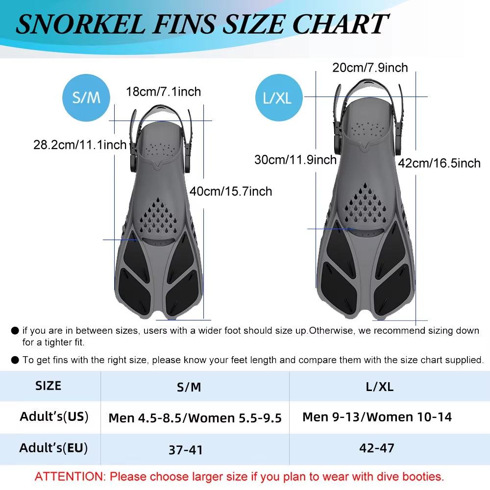 Short Travel-Size Snorkel Fins – Adjustable Open Heel Swimming Flippers for Men & Women