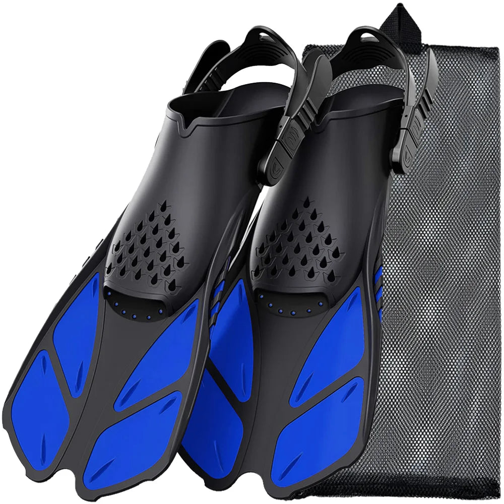 Short Travel-Size Snorkel Fins – Adjustable Open Heel Swimming Flippers for Men & Women