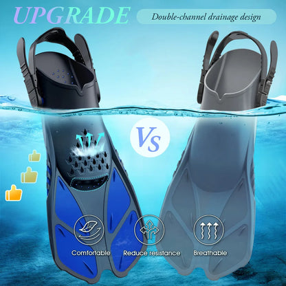Short Travel-Size Snorkel Fins – Adjustable Open Heel Swimming Flippers for Men & Women