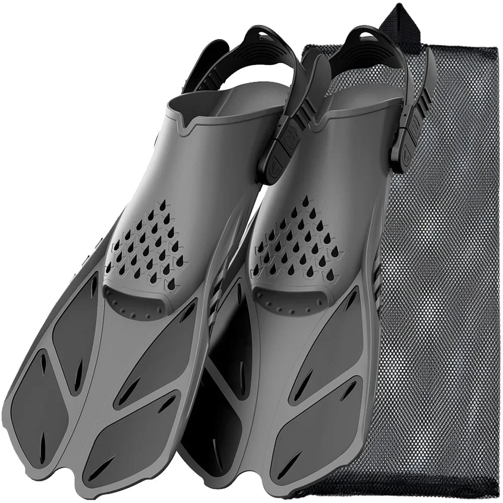 Short Travel-Size Snorkel Fins – Adjustable Open Heel Swimming Flippers for Men & Women